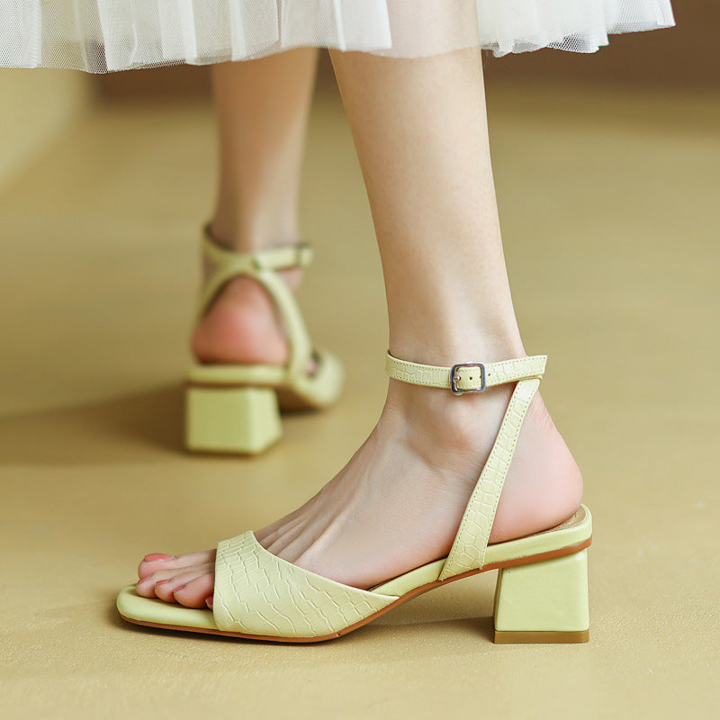 Square Head Heel Leather Sandals