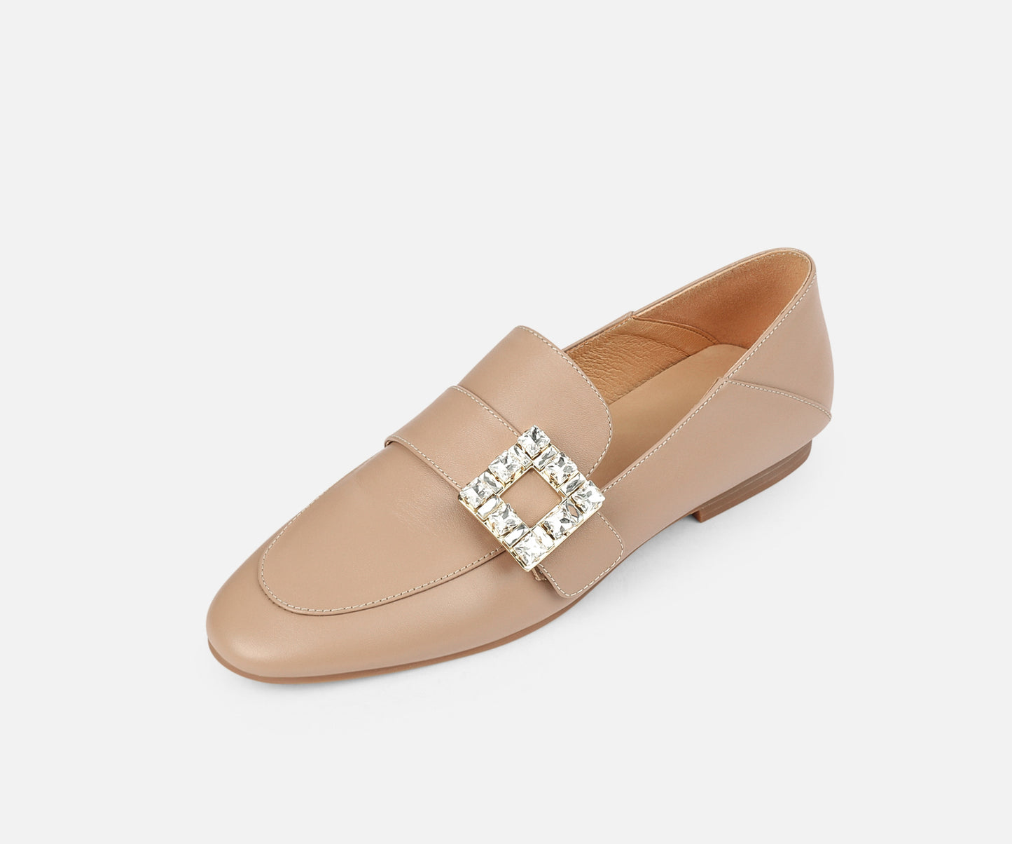 Round Head Rhinestone Square Buckle Leather Loafers