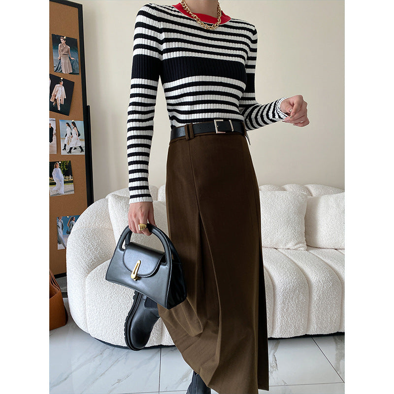 Contrast Color Striped Slim Knitted Sweater Bottoming Top