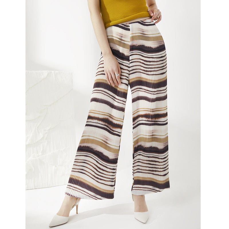 Plissé Pleated Casual Striped Loose High Waist Trousers