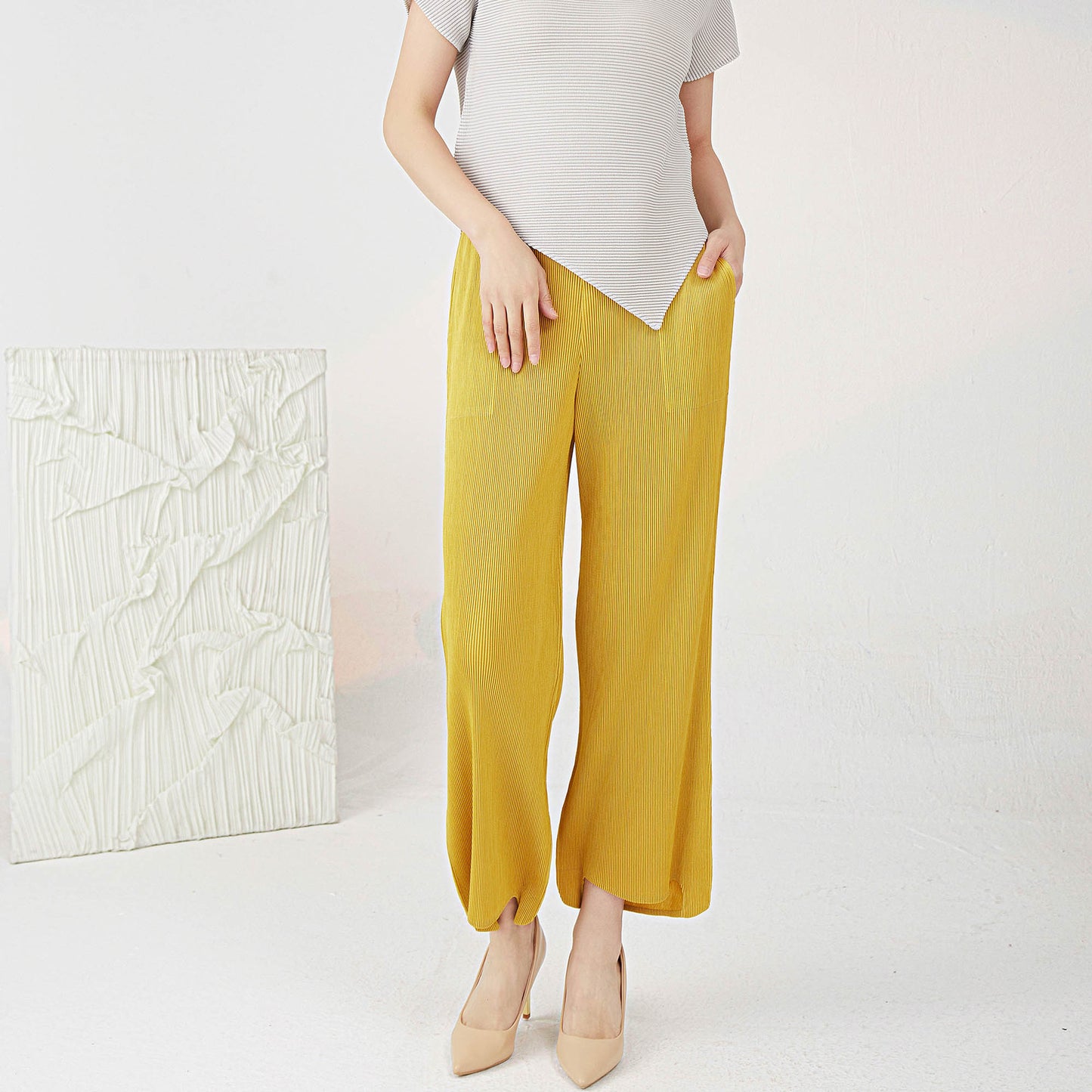 Plissé Pleated Casual Loose High Waist Irregular Trousers