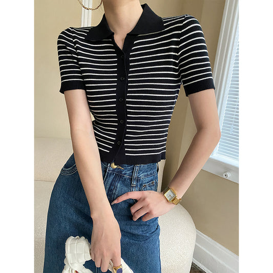 POLO Small Lapel Striped Knitted Sweater Top