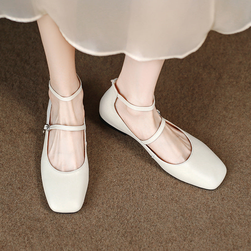 Square Head Leather Ballerina Flats