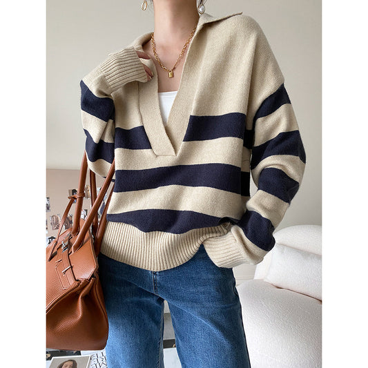 Big V-neck Striped Pullover Cardigan