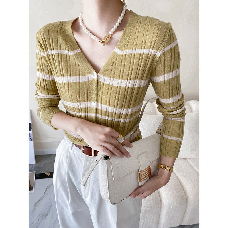 Striped V-neck Long Sleeve Knit Sweater