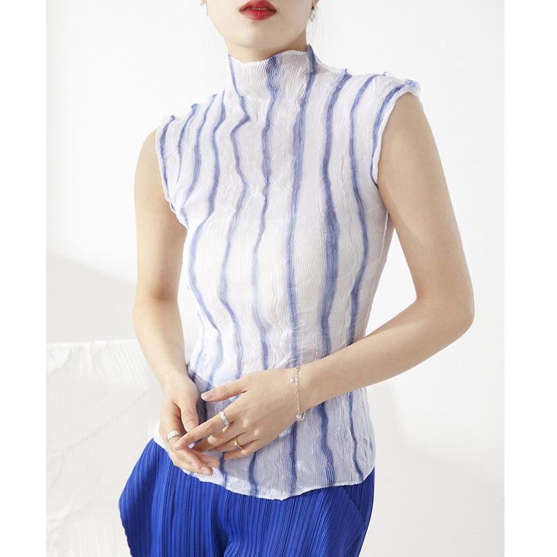 Plissé Pleated Casual Loose Striped Turtleneck Top