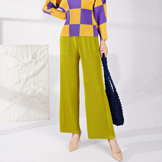 Plissé Pleated Casual Straight High Waisted Trousers