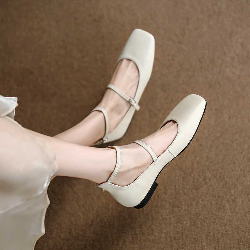 Square Head Leather Ballerina Flats