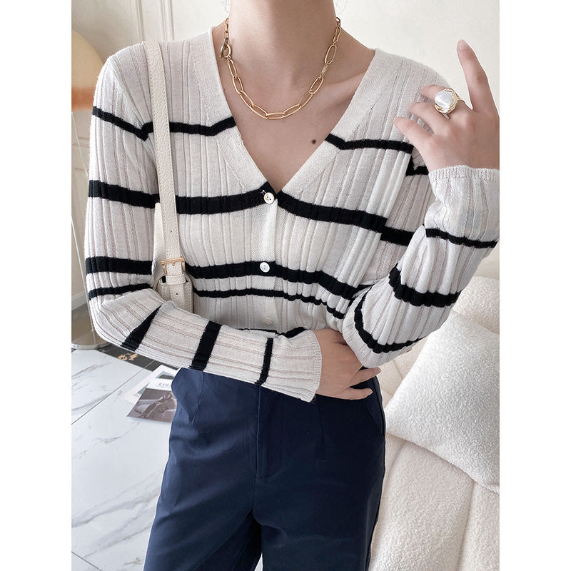 Striped V-neck Long Sleeve Knit Sweater