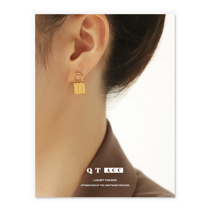 Titanium Steel Gold Lock Minimalist Earring Stud