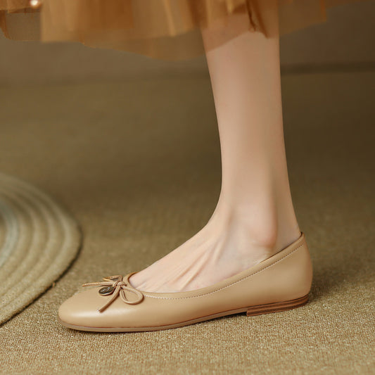 Metal Buckle Bow Leather Ballerina Flats