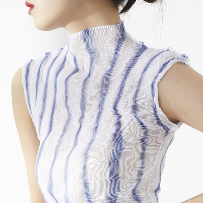 Plissé Pleated Casual Loose Striped Turtleneck Top