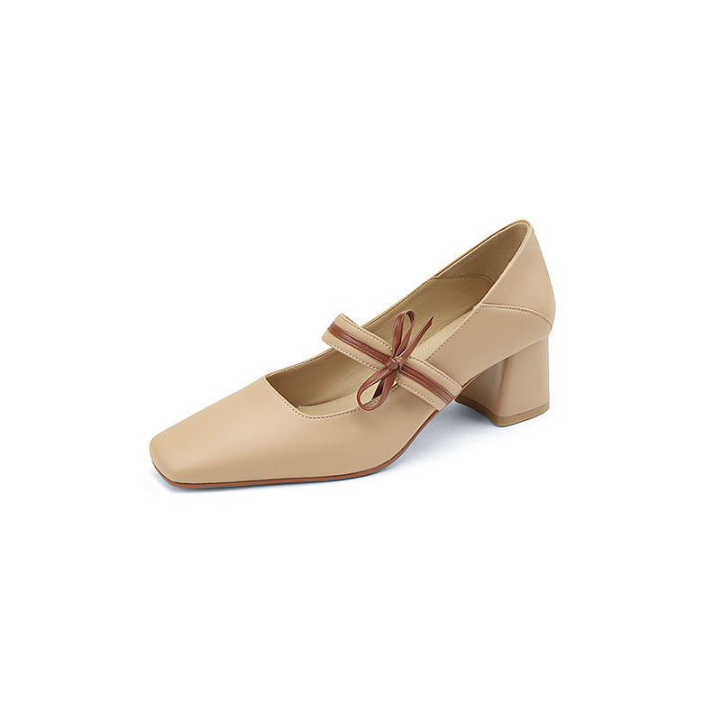 Square Bow Leather Ballerina Flats