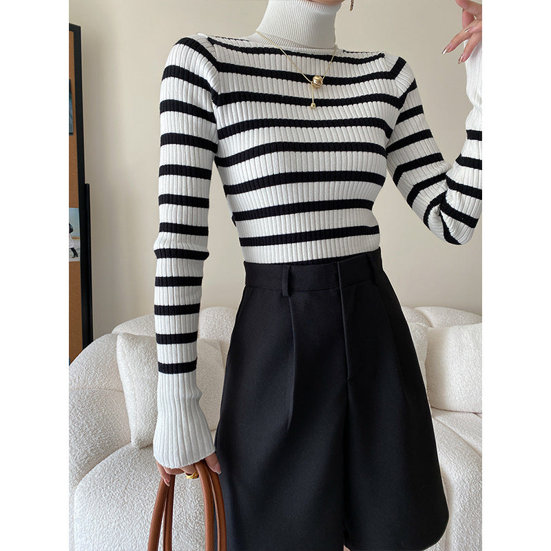 High Neck Striped Slim Knit Sweater Bottom Top