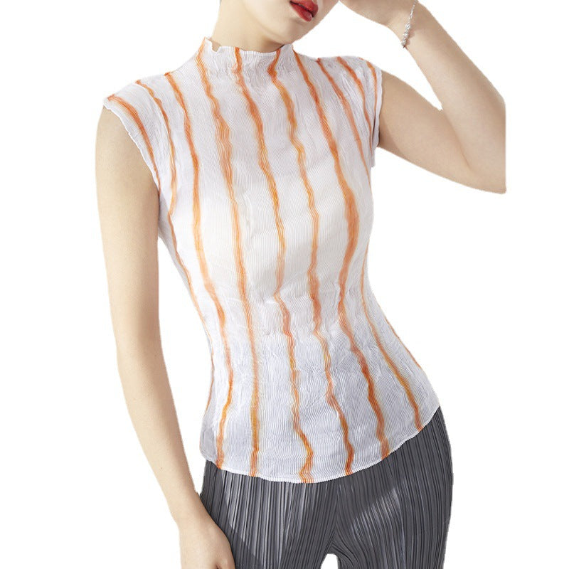 Plissé Pleated Casual Loose Striped Turtleneck Top