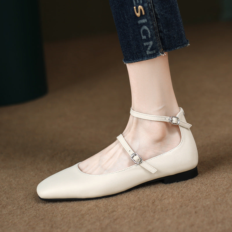 Square Head Leather Ballerina Flats