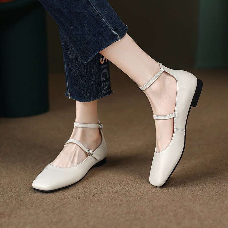 Square Head Leather Ballerina Flats