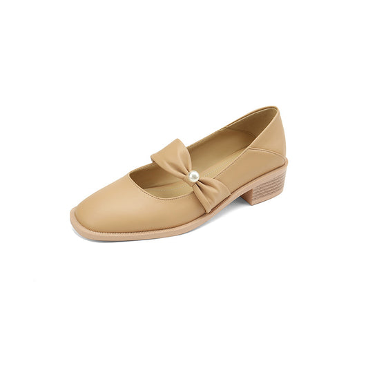 Pearl Mary Jane Square Head Leather Ballerina Flats