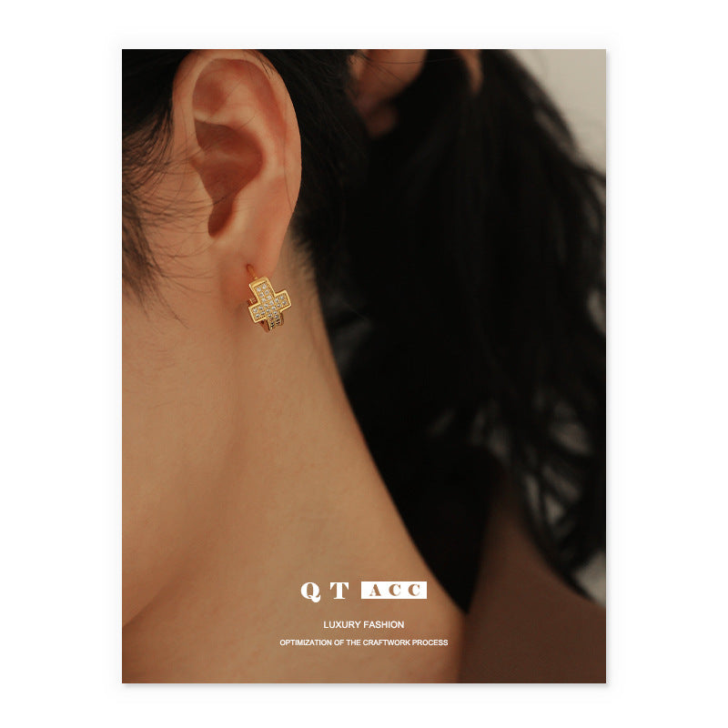 Gold Plated Zircon Cross Minimalist Earring Hoops