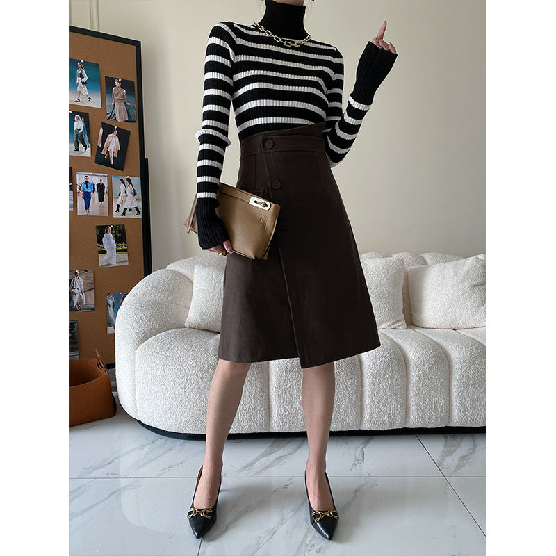 High Neck Striped Slim Knit Sweater Bottom Top