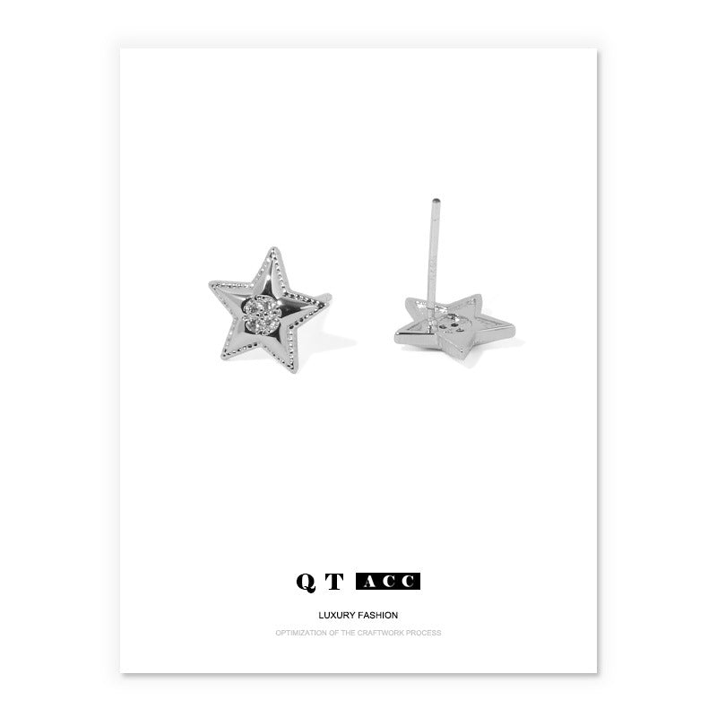 Silver Pentagram Diamond Minimalist Earring Stud