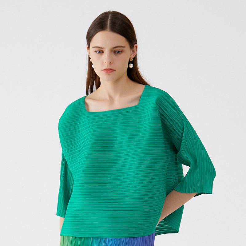 Plissé Pleated Casual Square Neck T-Shirt Top