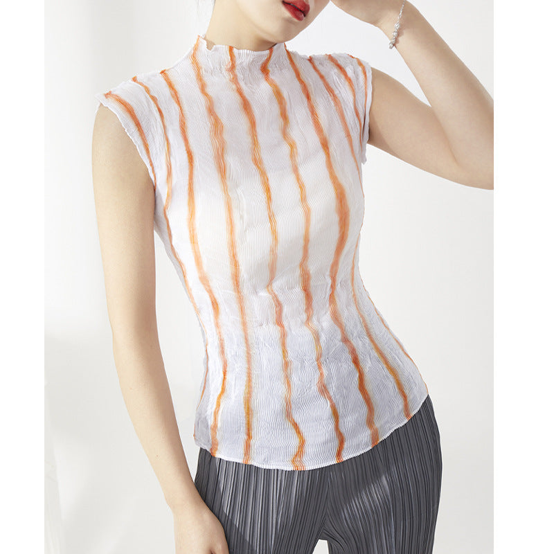 Plissé Pleated Casual Loose Striped Turtleneck Top