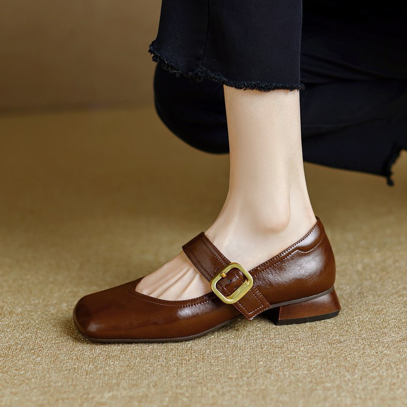 Vintage Square Head Leather Ballerina Flats