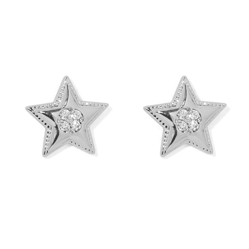 Silver Pentagram Diamond Minimalist Earring Stud