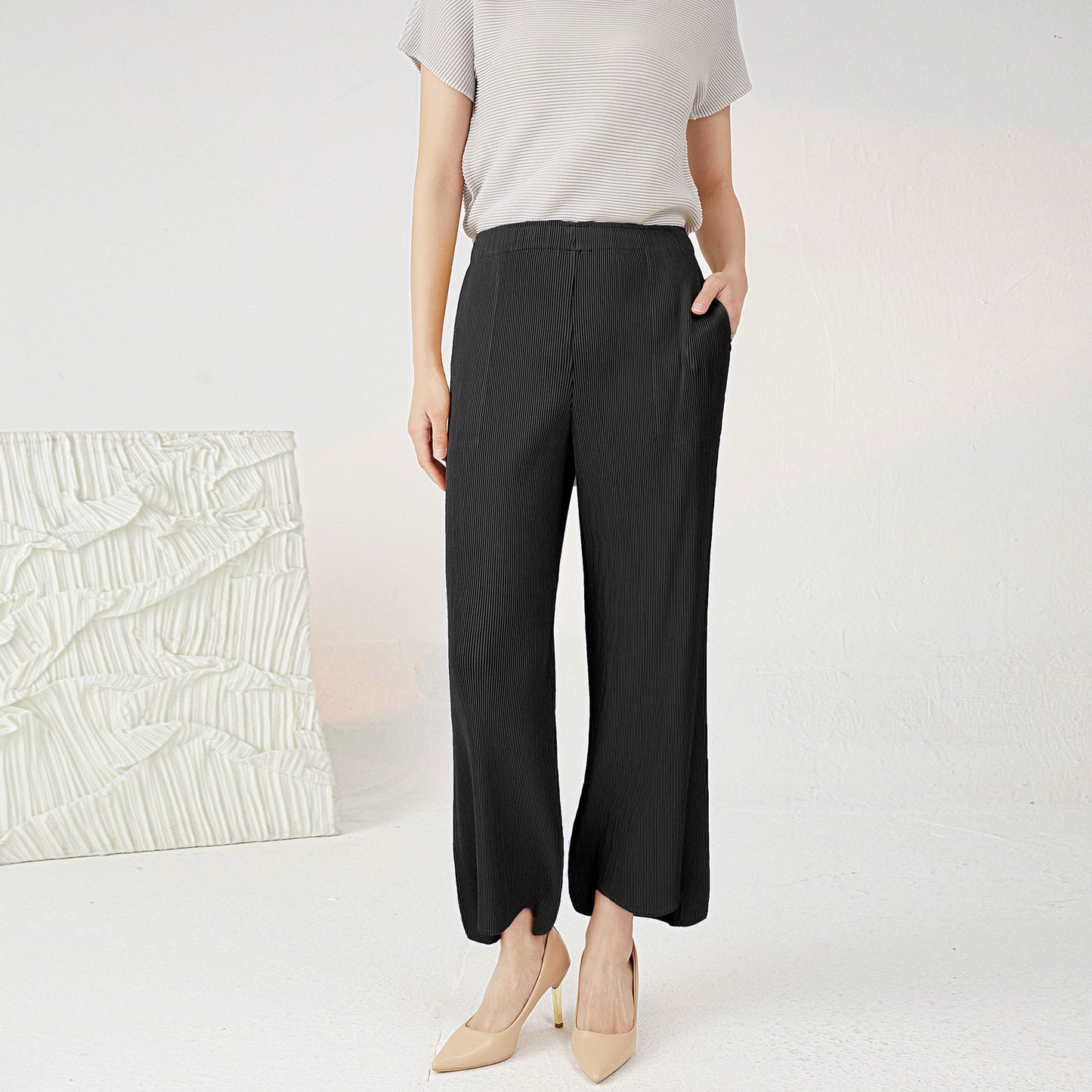 Plissé Pleated Casual Loose High Waist Irregular Trousers