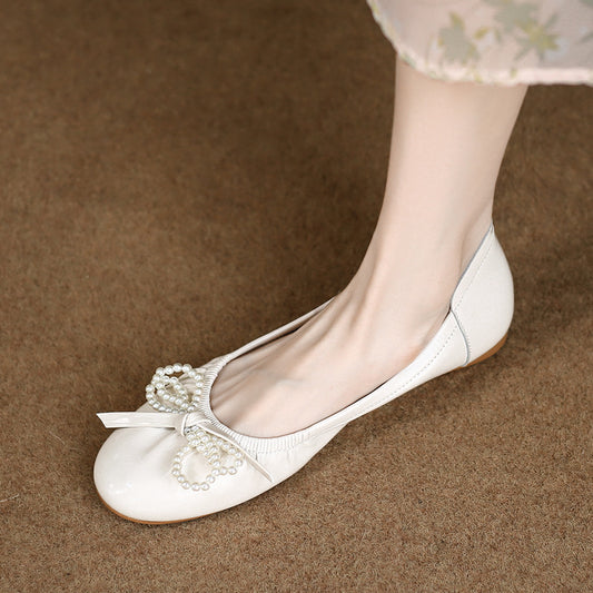 Pearl Bow Leather Ballerina Flats