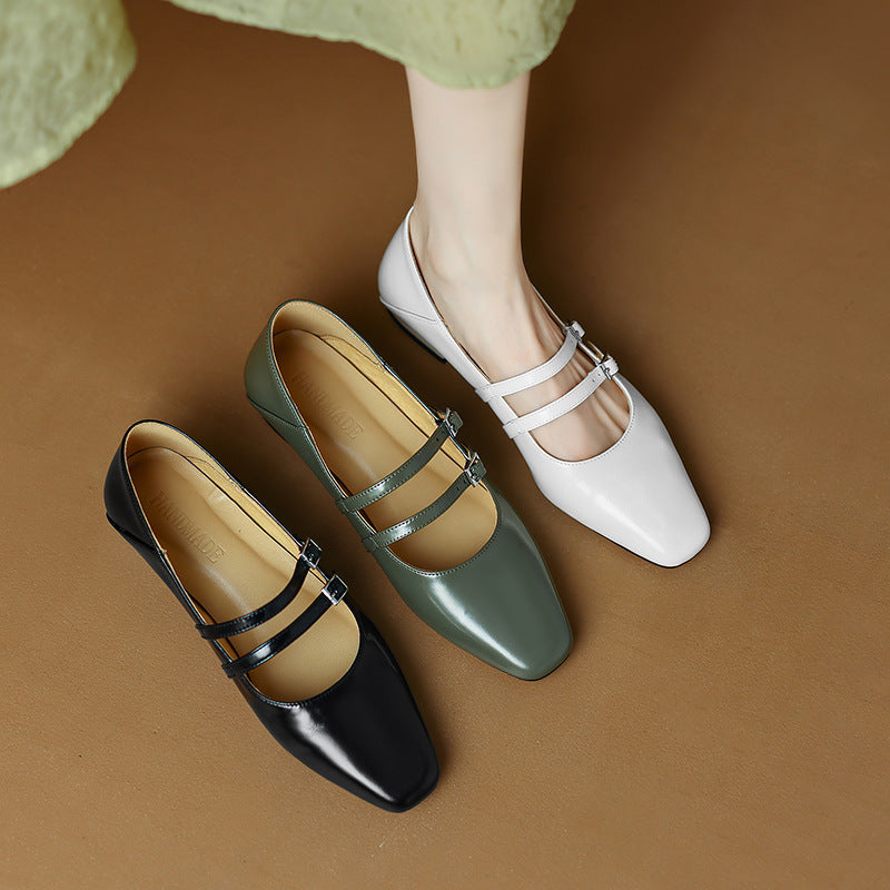 Square Head Leather Ballerina Flats